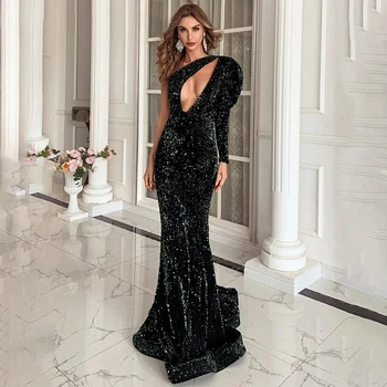 2024 Fekete sellő estélyi ruhák Szexi formális ruhák Hosszú parti Egyszerű Egyvállú Vestidos De Fiesta