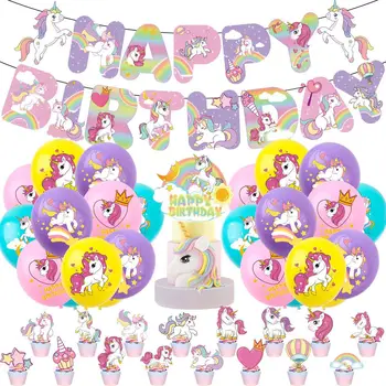 49db/set Unicorn stílusú boldog születésnapot banner születésnapi jellel, tortafeltéttel és lufival lánynak vagy fiúnak