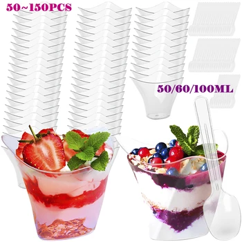 50/100/150Db desszert csészék kanállal Újrafelhasználható műanyag desszertpoharak Fagylalt csésze fagyasztott puding csésze átlátszó csésze
