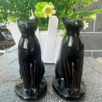 7cm Aranyos természetes kő fekete obszidián kézzel faragott egyiptomi macskaisten állat Erőteljes szobor lakberendezéshez Ajándék
