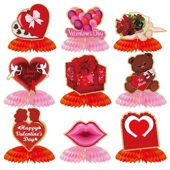 9Építőelemek Vintage Valentin-napi 3D papír szív asztal középpont Jelek Valentin asztali tetejek házassági évfordulóra Tartós