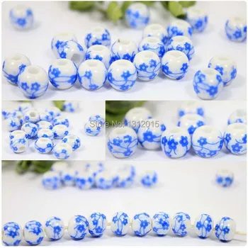 Akciósan Chinoiserie 8/10/12mm 20db kék-fehér porcelán kerámia kerek Gyöngyök, Virág minta Távtartó gyöngyök Ingyenes szállítás YS010