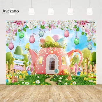 Avezano tavaszi húsvéti hátterek fotózáshoz Kupaház Színes tojások Fű Virágok Gyermek party háttér Fotóstúdió poszter