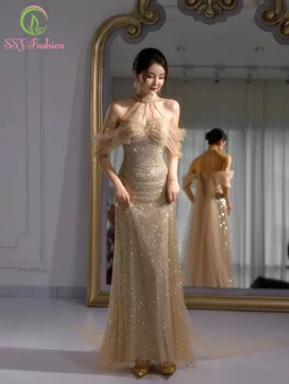 SSYFashion Luxus pezsgős sellő estélyi ruha Szexi Halter Flitterek Gyöngyöző Csillogó hát nélküli szalagavató Hivatalos ruhák nőknek