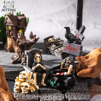 Új Mini 3D horror Halloween Holló Tombstone koponya sorozat Gyanta Hallowmas Babaház DIY kiegészítők
