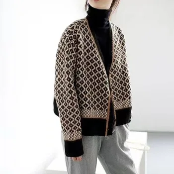 Őszi téli koreai stílusú retro pulóver Cardigan női kontraszt színű V-nyakú rombusz mintás kötöttáru laza kötött felsők kabát
